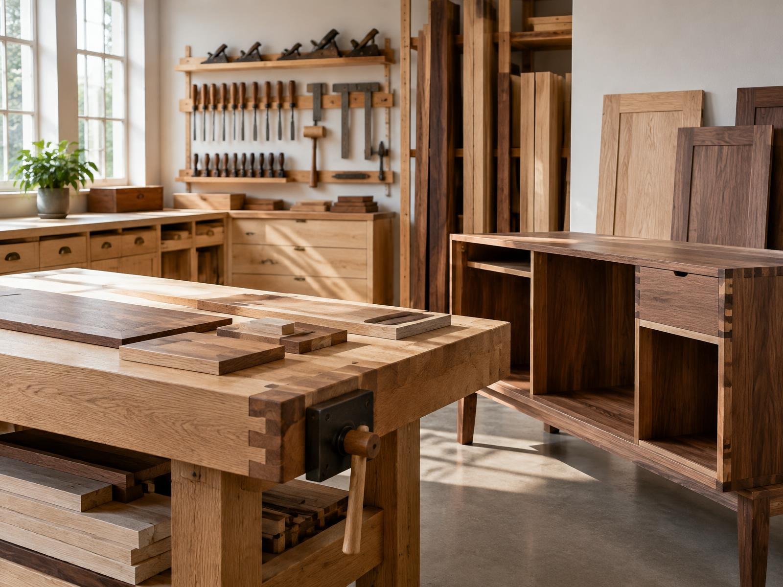 People-free joinery workshop with hardwood cabinetry and precision tools