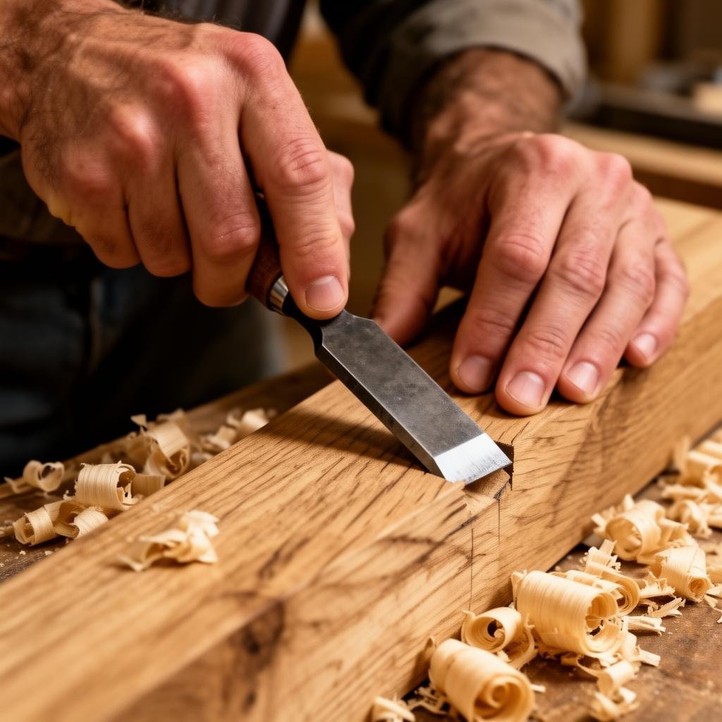 Close-up of a craftsman chiselling oak timber
