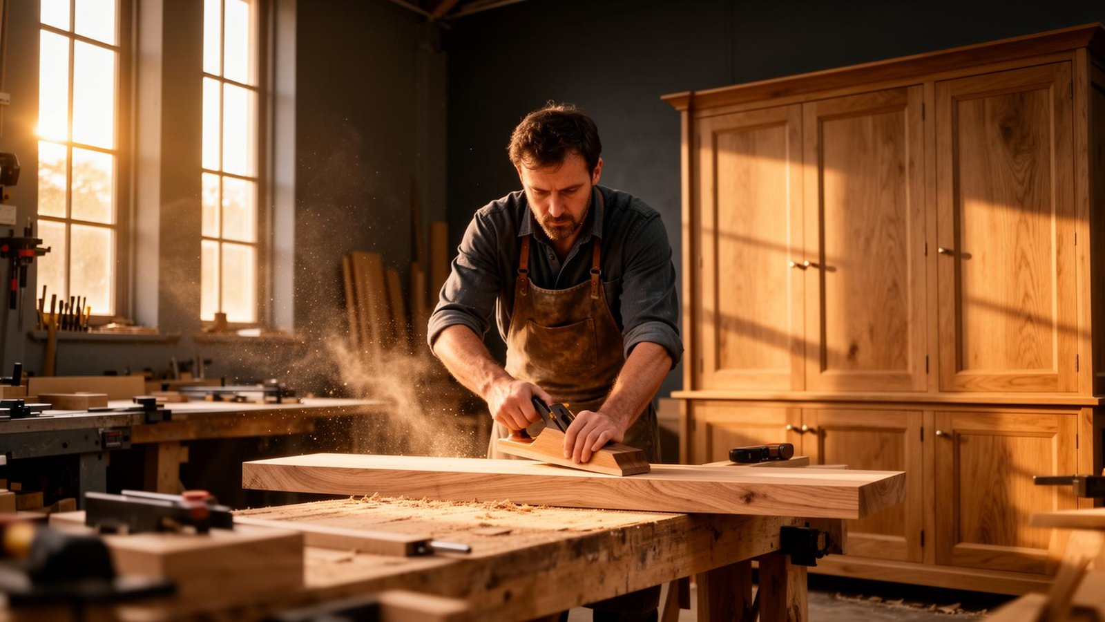 Master craftsman planing oak in Oakline's joinery workshop