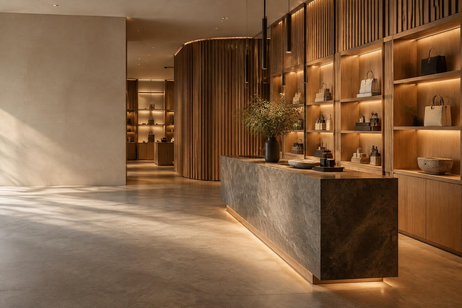 Luxury retail interior with bespoke oak cabinetry and stone counter